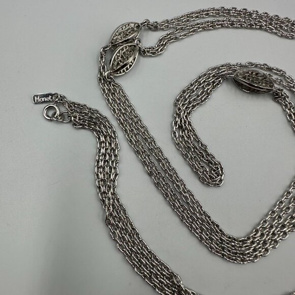 Vintage Monet Necklace Silver Tone Long Double Chain Filigree Station Beads 54" - Picture 3 of 9